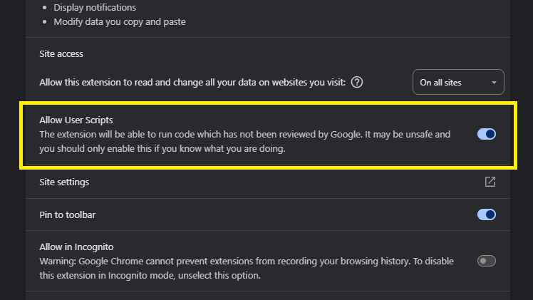 Tampermonkey details page with Allow User Scripts toggle enabled