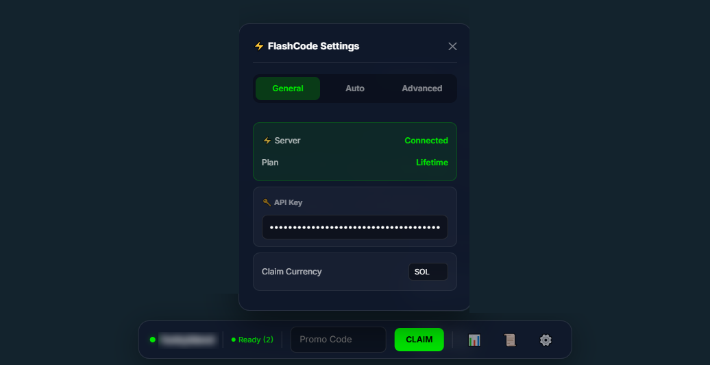 FlashCode settings showing Connected status with green dot and active plan