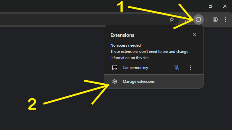 Chrome extensions panel showing Manage extensions button