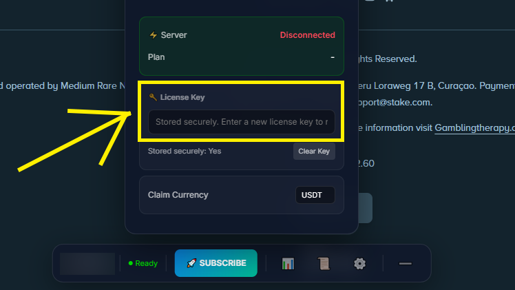 FlashCodes settings panel on Stake.com showing the License Key input field