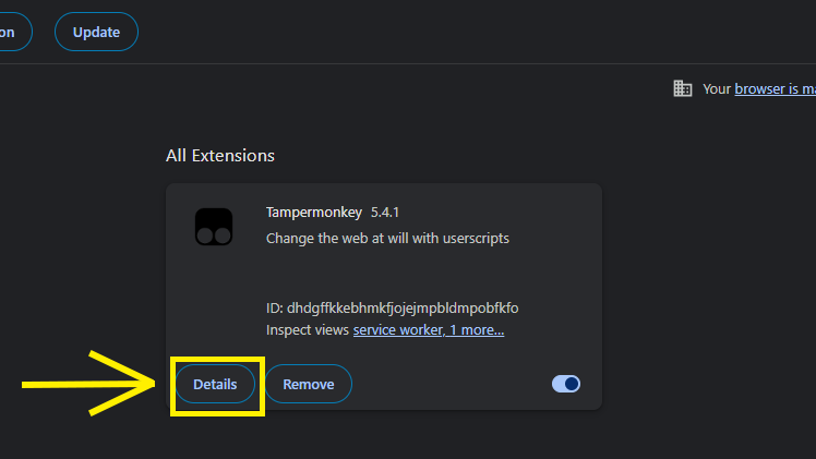 Tampermonkey extension with Details button highlighted