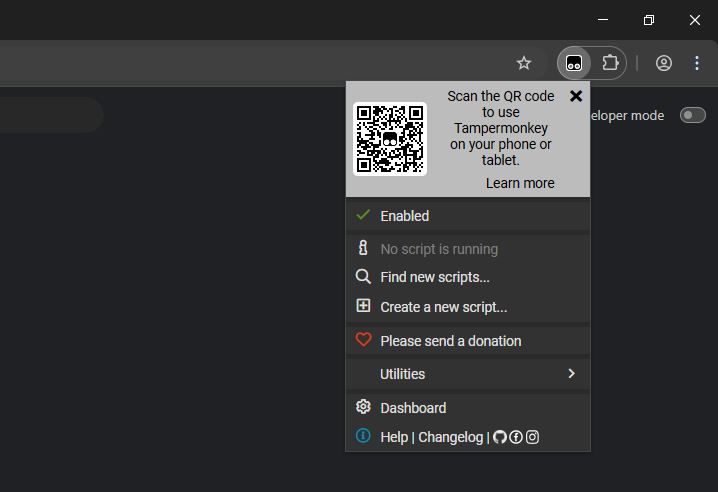 Tampermonkey extension menu showing it is enabled in the browser toolbar