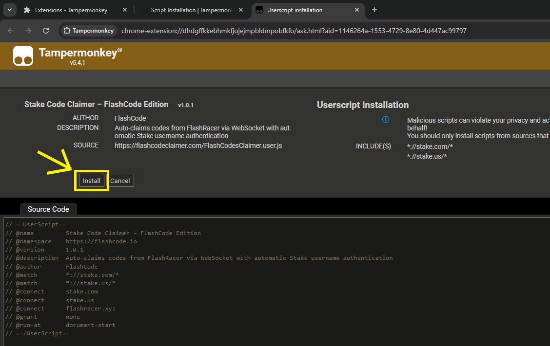 Tampermonkey install confirmation dialog showing FlashCodes script details and Install button
