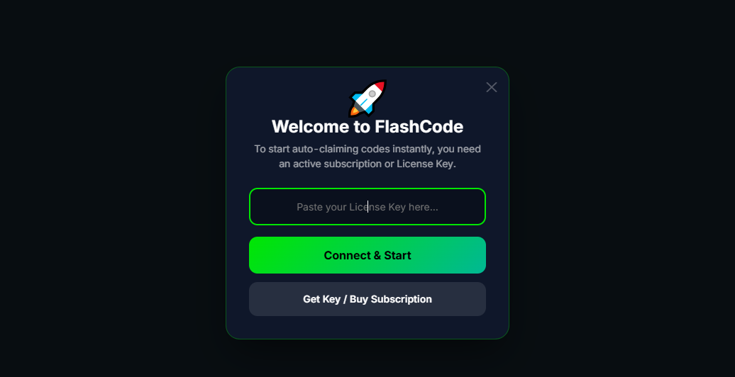 FlashCode welcome popup asking to paste your License Key